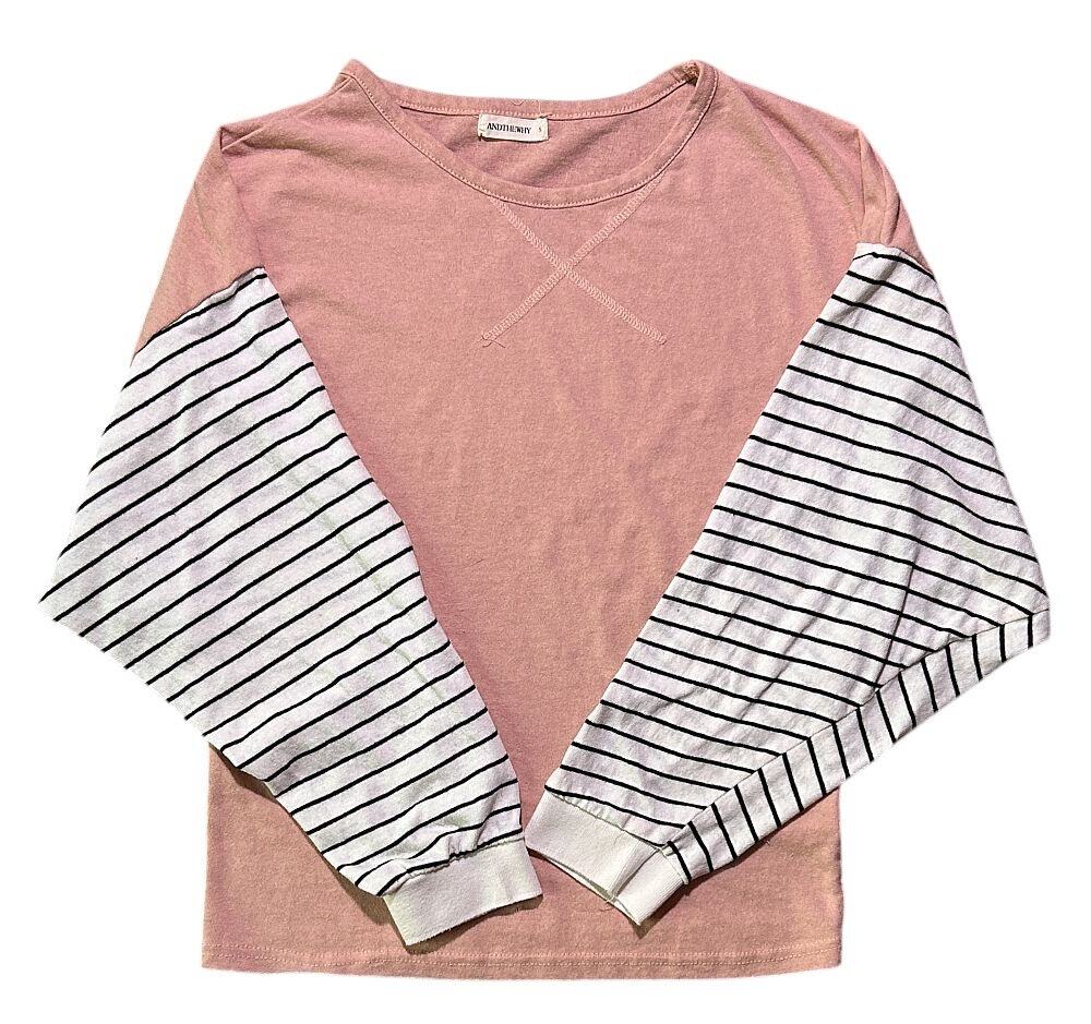 AndTheWhy Round Neck Colorblock Pink Long Sleeve T-Shirt Small